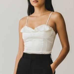 ZARA Ivory Satin Bodysuit XL Cowl Neck Bustier Tailored Lined Elegant Minimalist